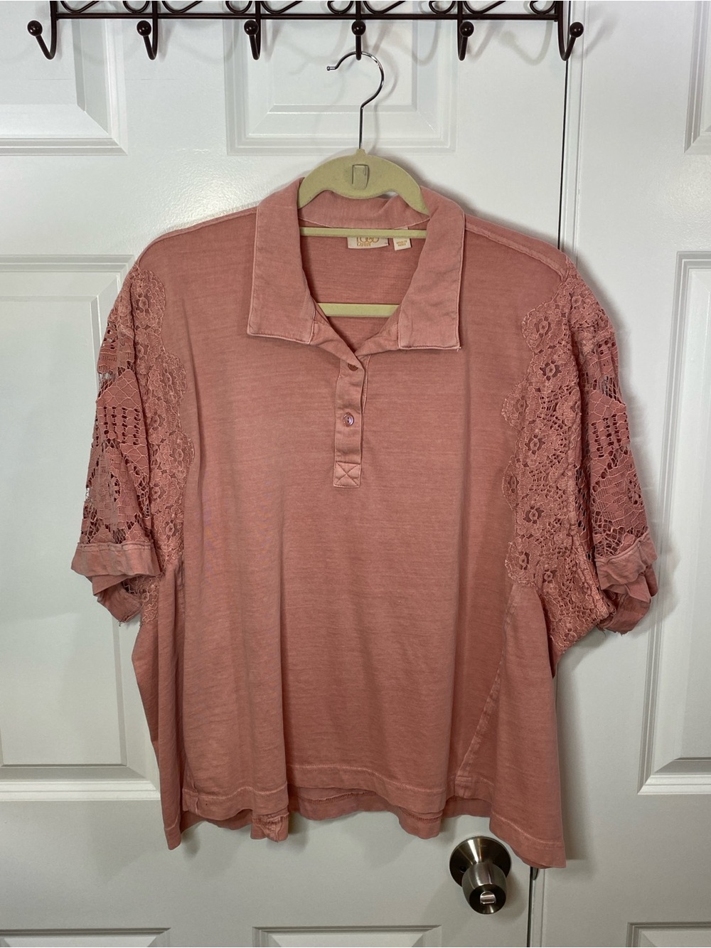 LOGO by Lori Goldstein Dusty Rose Lace Sleeve Button-Down Top